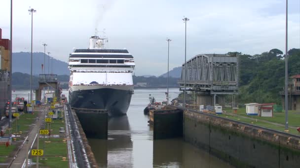 Kreuzfahrtschiff (hollandamerica cruise line) im panamakanal — Stockvideo