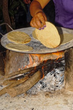 Odun ateşinin üzerinde tortilla yapmak