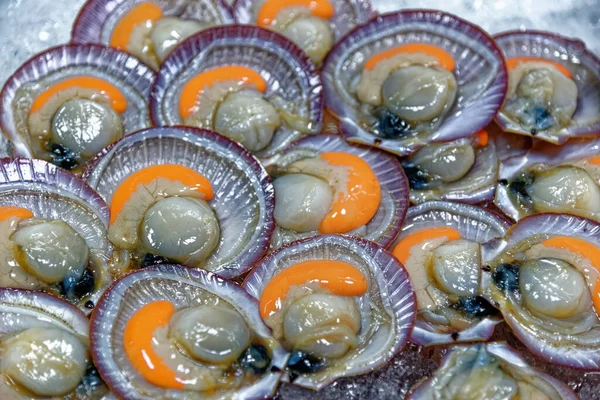 Vieiras Asiáticas Frescas Crudas Conchas Mercado Local Bangkok Tailandia —  Fotos de Stock