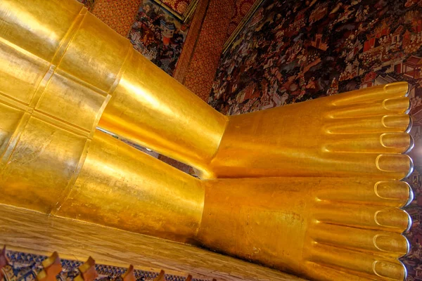 Golden Fekvő Buddha Szobor Láb Részletek Belsejében Wat Pho Templom — Stock Fotó