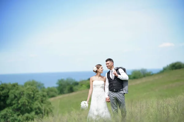 Novia y novio caminando — Foto de Stock