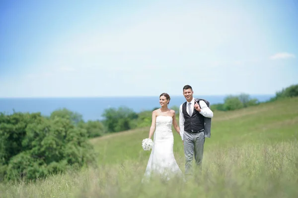 Novia y novio caminando — Foto de Stock