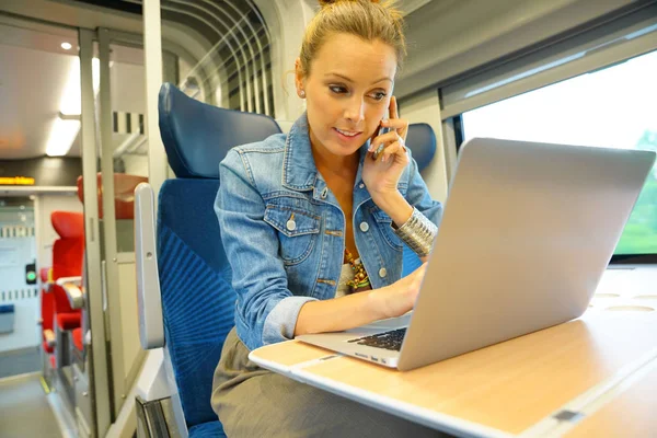 Woman in train connected on laptop — Stock Photo, Image