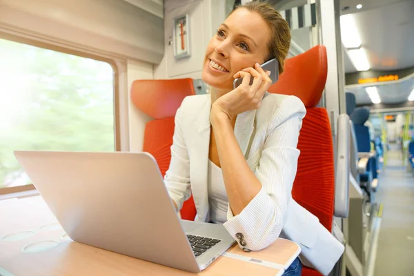 Businesswoman in train working — Stock Photo, Image