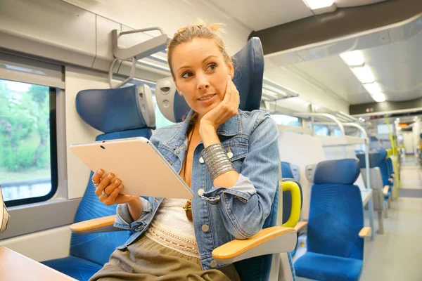 Woman in train connected on tablet — Stock Photo, Image