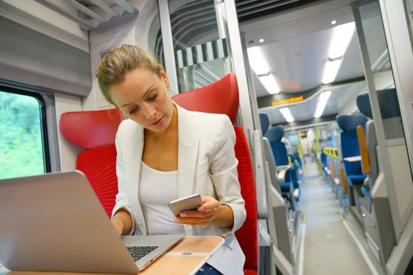 Businesswoman in train working — Stock Photo, Image