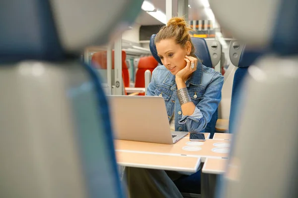Kobieta w pociągu podłączony na laptopie Zdjęcia Stockowe bez tantiem