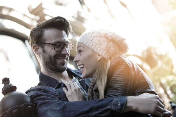 Trendy in love couple enjoying walk