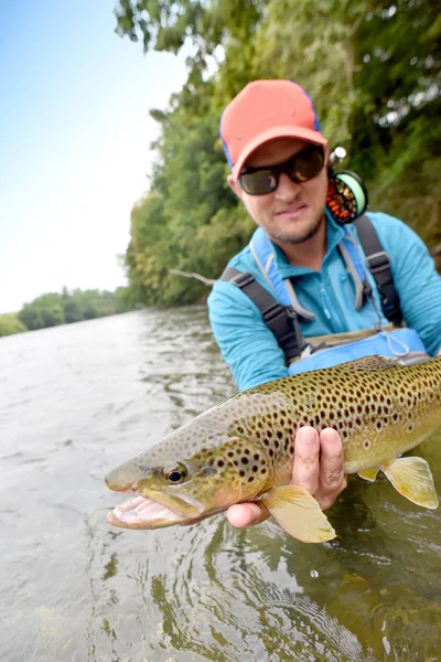 Pêcheur à la mouche tenant des truites brunes — Photo