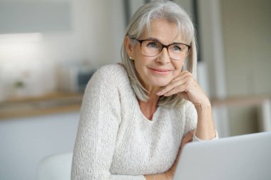 kadın websurfing dizüstü bilgisayar üzerinde