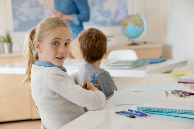 Liseli kızlar sınıfta not alma portresi              