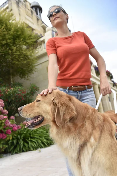 Frau streichelt ihren Blindenhund — Stockfoto