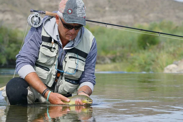 Fisherman catching brown trout — Stock Photo, Image