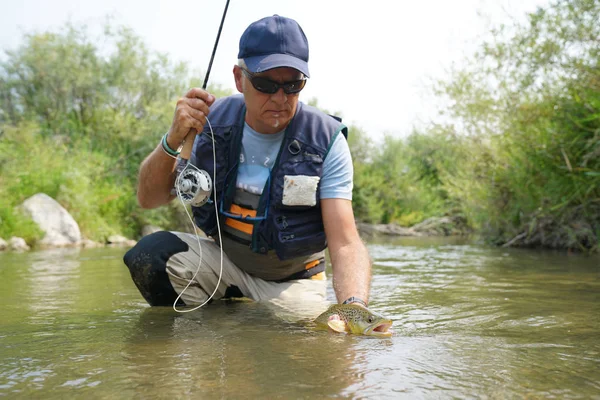 Pescador captura de trucha marrón — Foto de Stock