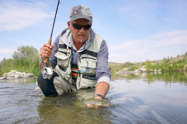 Sinek balıkçı kahverengi alabalık yakalama
