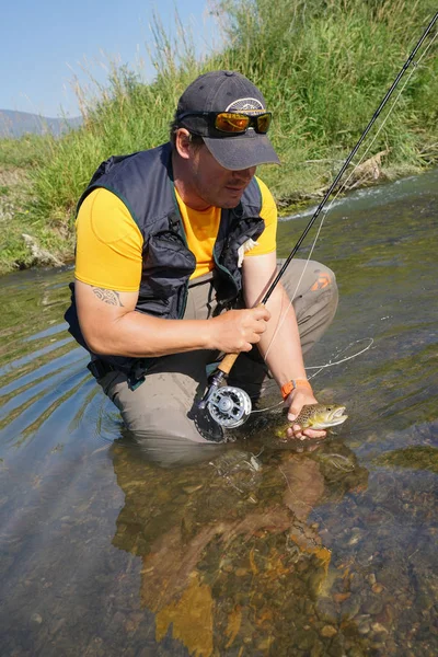 Kahverengi alabalık yakalamak balıkçı