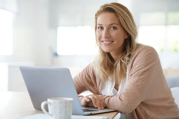 Attractive Blond Woman Working Laptop Computer Home — Stock Photo, Image