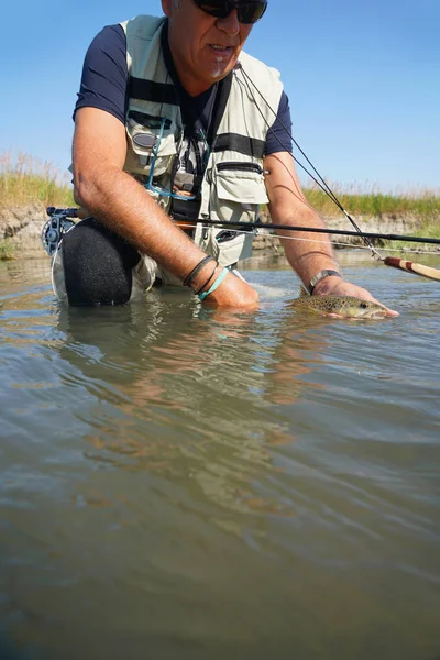 Pescador voador segurando truta marrom — Fotografia de Stock