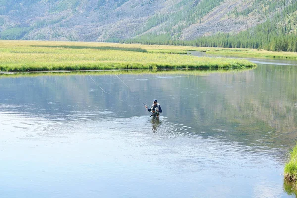 Fluga-fiskare fiske i Madison river — Stockfoto