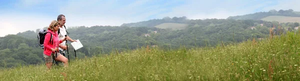 Üst Düzey Çift Doğal Peyzaj Banner Şablon Web Hiking — Stok fotoğraf