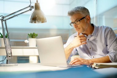 İşadamı office dizüstü bilgisayar ile birlikte çalışma