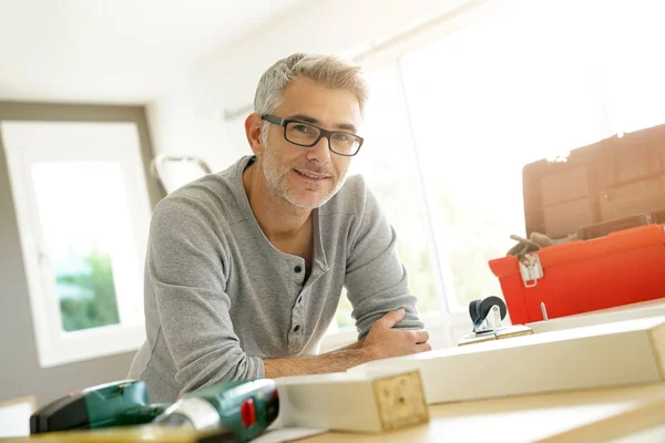 Portrait Cheerful Man Electric Drill — Stock Photo, Image