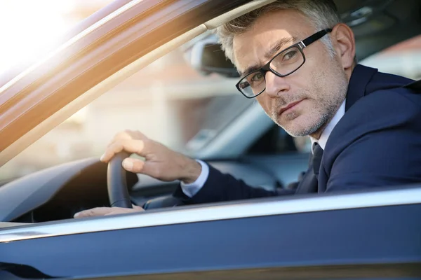 Portrait Businessman Driving Car Work — Stock Photo, Image