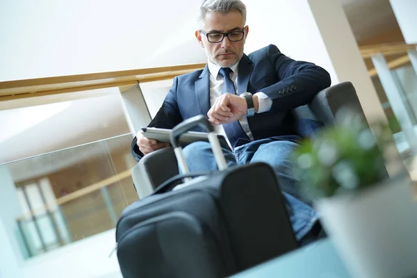 Businessman Airport Lounge Checking Time Watch — Stock Photo, Image