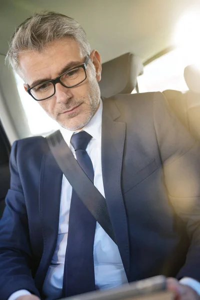 Businessman Sitting Car Backseat Working Digital Tablet — Stock Photo, Image