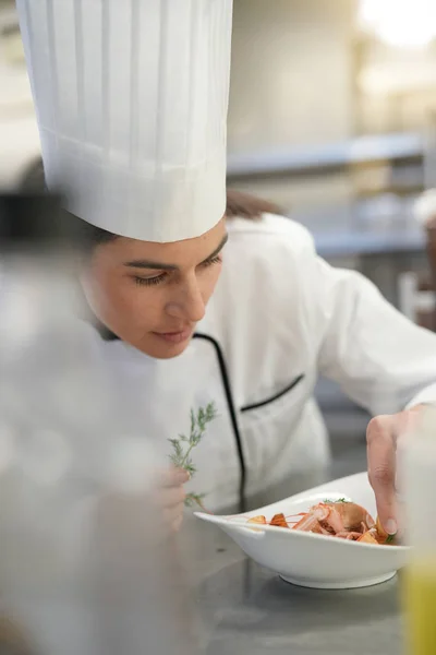 Closeup of cook chef in professional kitchen preparing dish