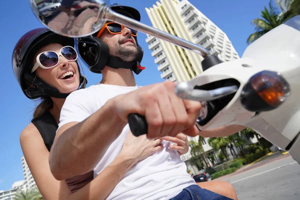 Couple Having Fun Riding Motorbike Town — Stock Photo, Image