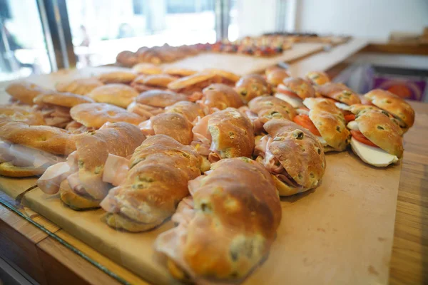 Italian Sandwiches Set Bakery Shop Window — Stock Photo, Image