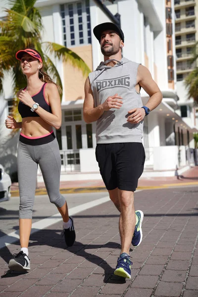 Couple Joggers Running Together Street — Stock Photo, Image