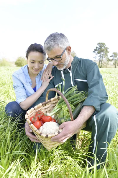 Retrato Casal Feliz Agricultores Com Legumes — Fotografia de Stock