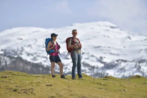 Pareja Excursionistas Caminando Las Montañas — Foto de Stock