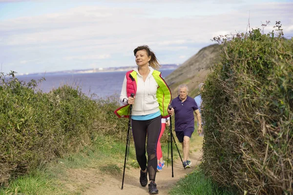 Senior People Nordic Walking Atlantic Coast — Stock Photo, Image