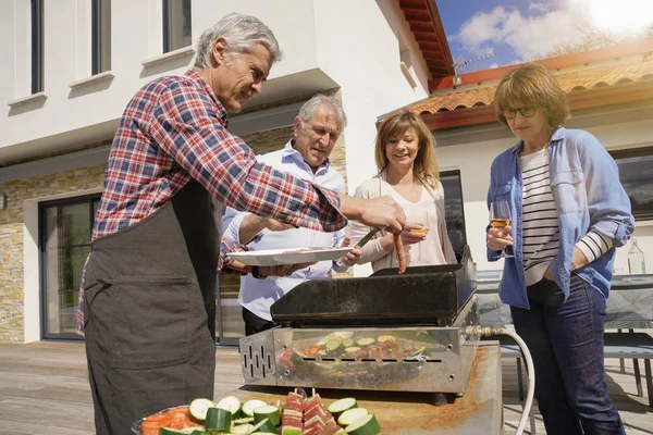 Persone Anziane Divertono Cucinare Barbecue Pranzo — Foto Stock