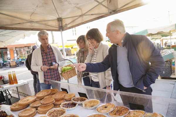 Group Senior People Buying Fresh Pastry Green Market Stock Photo