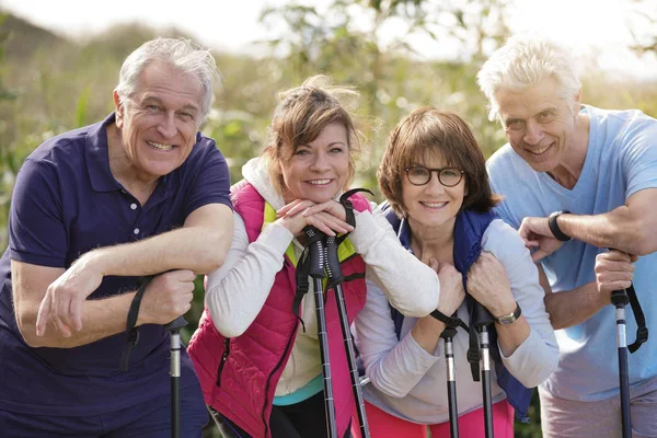 Portrait Happy Senior Couple Practicing Nordic Walk — Stock Photo, Image