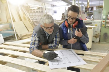 Ahşap endüstrisi teknisyenleri proje üzerinde birlikte çalışıyorlar
