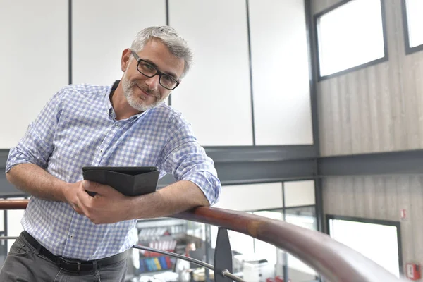 Businessman Standing Staircase Digital Tablet — Stock Photo, Image