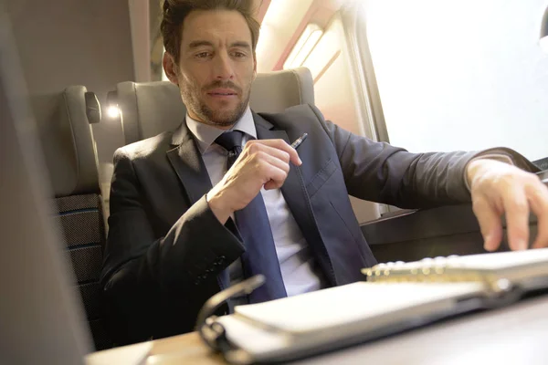 businessman working on a train in business class