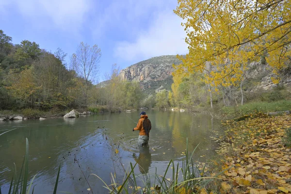 Fliegenfischer Herbst Fluss — Stockfoto