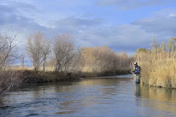 Pescador Moscas Río Montana Otoño —  Fotos de Stock