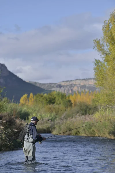 Pescador Mosca Otoño Río Rápido — Foto de Stock