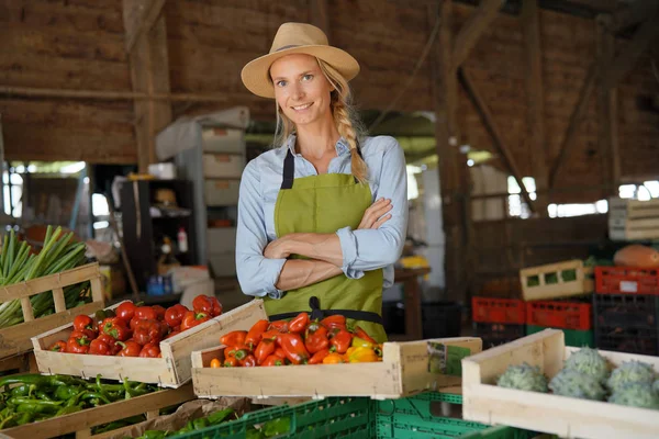 農場から直接製品を販売する陽気な農家の女性 — ストック写真