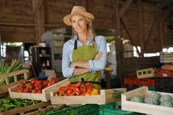 Mujer Agricultora Alegre Vendiendo Productos Directamente Granja —  Fotos de Stock