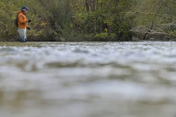 Fliegenfischer Herbst Fluss — Stockfoto