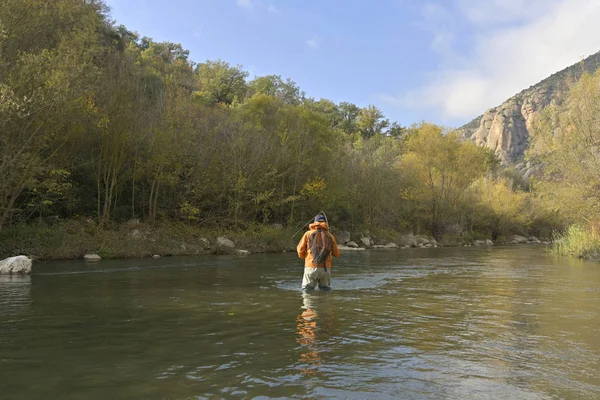 Mouche Pêcheur Dans Rivière Automne — Photo