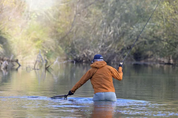 Capture Une Truite Par Pêcheur Mouche Automne — Photo